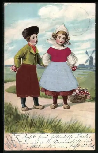 Stoff-Präge-AK Holländische Kinder in Tracht