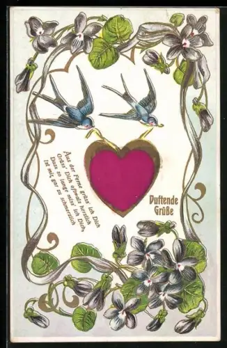 Stoff-Präge-AK Fliegende Schwalben mit einem Herz, Blumenverzierung