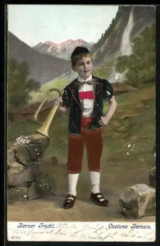 Stoff-Präge-AK Kleiner Schweizer in Berner Tracht, Costume Bernois