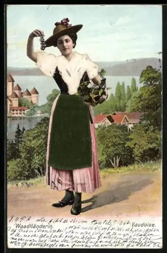 Stoff-Präge-AK Vaudoise, Waadtländerin in Tracht