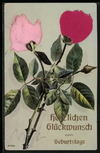 Stoff-Präge-AK Rote und rosa Rosen
