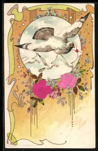 Stoff-Präge-AK Rosen und Brieftauben