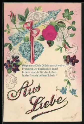 Stoff-Präge-AK Rose und Herz als Blumenbild