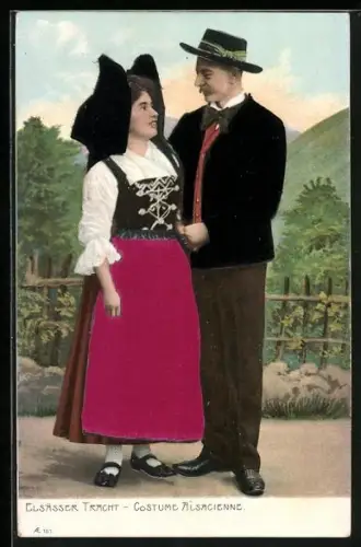 Stoff-Präge-AK Paar in elsass-lothringischer Tracht aus Echtstoff