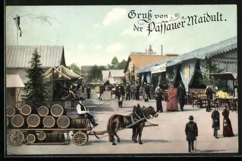 AK Haibach / Passau, Passauer Maidult Volksfest, Pferdekarre mit Bierfässern