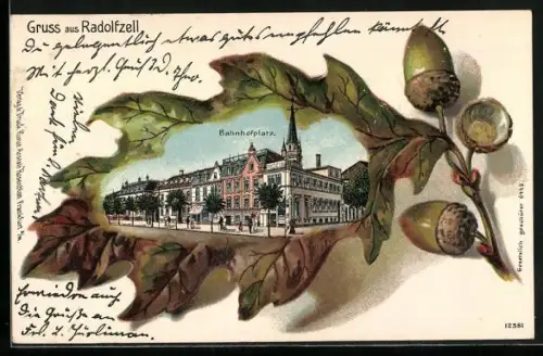 Passepartout-Lithographie Radolfzell, Bahnhofsplatz im Eichenblatt-Passepartout