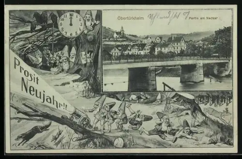 Grusskarten-AK Obertürkheim, Partie am Neckar, Zwerge mit einer Kanone, Prosit Neujahr