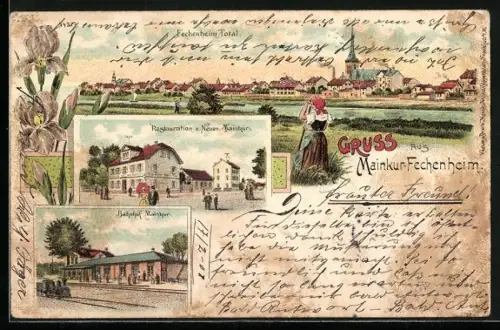 AK Frankfurt-Fechenheim, Restaurant z. Neuen Mainkur, Blick auf den Bahnhof