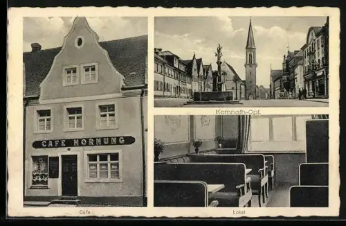 AK Kemnath /Opf., Cafe Hornung mit Konditorei, Blick zur Kirche