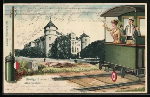 Passepartout-Lithographie Stuttgart, Altes Schloss, Mann und Frau auf Personenwaggon