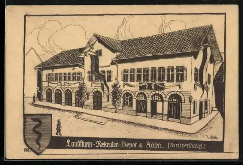 Künstler-AK Aalen, Spritzenhaus mit Gaststätte, Landsturm-Rekruten-Depot 4, Wappen