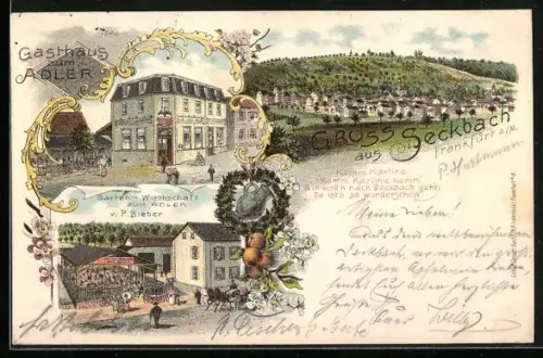 Lithographie Seckbach /Frankfurt, Gasthaus zum Adler, Garten-Wirtschaft zum Adler v. P. Bieber