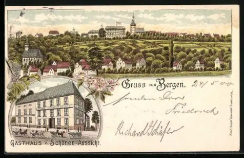 Lithographie Frankfurt-Bergen, Gasthaus zur Schönen Aussicht und Ortsansicht