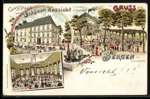 Lithographie Frankfurt-Bergen, Gasthaus zur Schönen Aussicht, Inhaber J. Baader, Aussen- u. Innenansicht