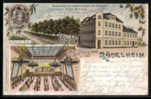 Lithographie Rödelheim, Restaurant zur schönen Aussicht am Bahnhof, Inhaber Emil Behrend, Innenansicht Konzertsaal