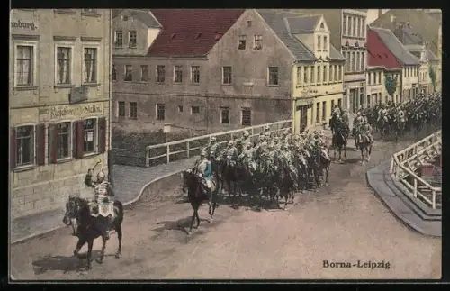 AK Borna-Leipzig, Ortspartie mit Kavallerie-Parade, Radfahrer-Station