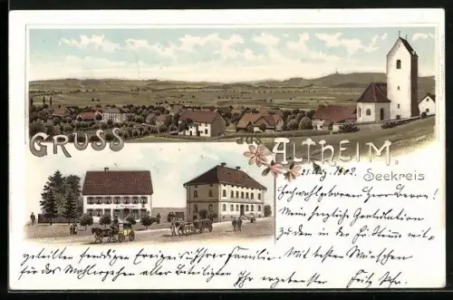 Lithographie Altheim / Frickingen, Ortsansicht mit Kirche, Gasthaus zum Hirschen, J. Riegger