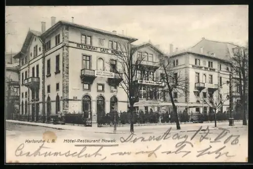 AK Karlsruhe i. B., Hotel-Restaurant Nowak mit Strassenpartie