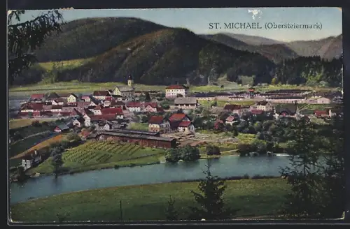 AK St. Michael /Obersteiermark, Teilansicht mit Kirche