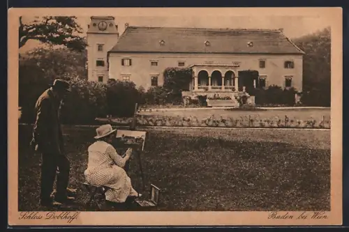 AK Baden, Schloss Doblhoff, Künstlerin im Garten mit Leinwand