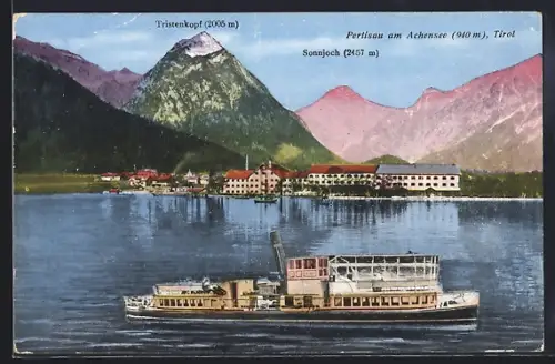 AK Pertisau, Blick zum Ort am Ufer des Achensees mit Ausflugsdampfer