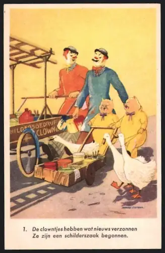 AK Clowns mit Schweinen und Gänse auf dem Weg zu Malerarbeiten