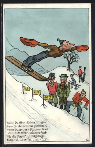 Künstler-AK Szene beim Ski-Springen