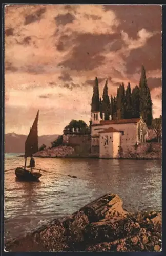Künstler-AK Punta San Vigilio /Lago di Garda, Segelboot im Abendlicht