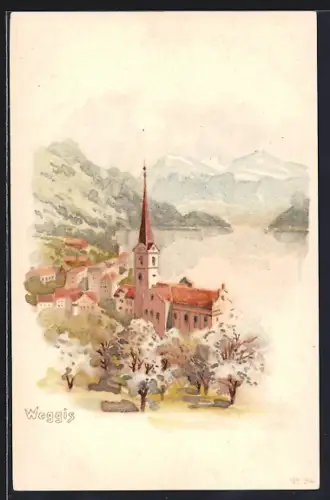 Lithographie Weggis, Ortsansicht mit Berge