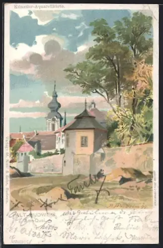 Lithographie Budweis / Ceske Budejovice, Am Quai mit Stadtmauer