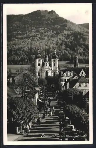 AK Haindorf / Hejnice, Strassenansicht mit Kirche
