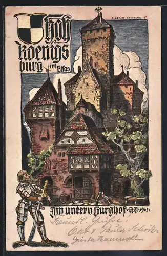 Künstler-AK Hohkoenigsbourg, Partie im unteren Burghof, Ritter in Rüstung mit Schwert, Wappen