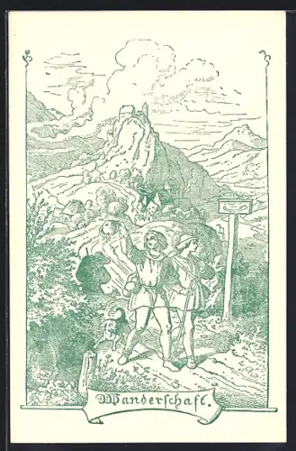 AK Wanderschaft, zwei Wanderer mit Hund