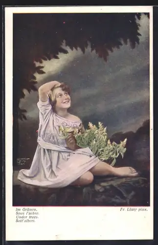 Künstler-AK sign. Fr. Löwy: Mädchen im Grünen