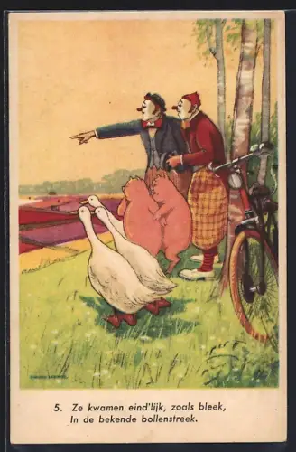 Künstler-AK Schweine mit Gänsen und Clowns blicken auf die Felder, vermenschlichte Tiere