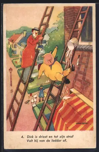 AK Clown und Schwein streichen Fenster und fallen von der Leiter