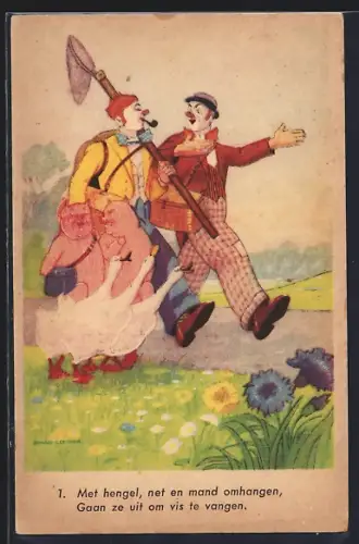AK Zwei Clowns gehen mit Schweinen und Gänse spazieren