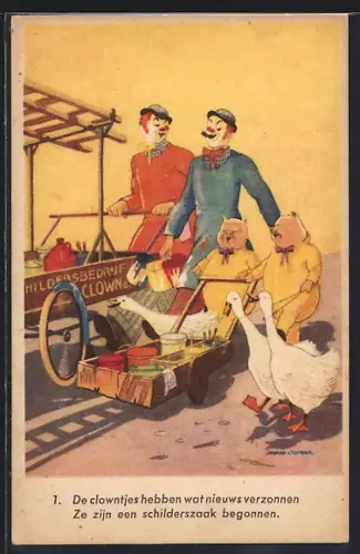AK Clowns mit Schweinen und Gänse auf dem Weg zu Malerarbeiten