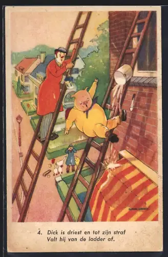 AK Clown und Schwein streichen Fenster und fallen von der Leiter