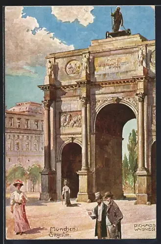 Künstler-AK Richard Wagner: München, Siegestor, Spaziergänger vor dem Tor