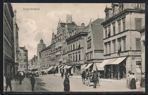 AK Ingolstadt, Geschäftsstrasse mit Konditorei Schmidt und Buchbinderei
