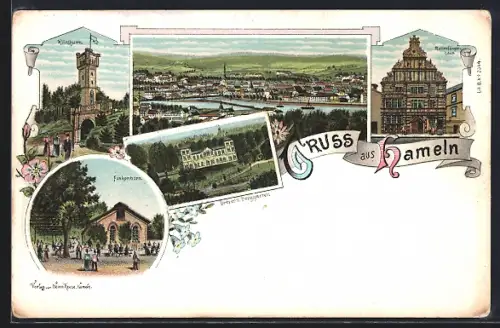 Lithographie Hameln, Rattenfängerhaus, Finkenborn, Klüthturm, Dreyer`s Berggarten