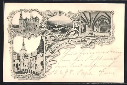 Lithographie Lauenstein / Oberfranken, Totalansicht mit der Burg, Schlosshof, Burg