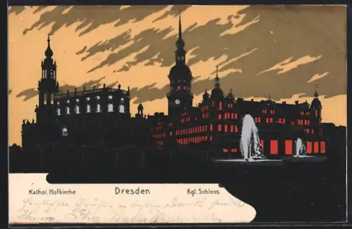 AK Dresden, Kath. Hofkirche und Kgl. Schloss als Schattenbild