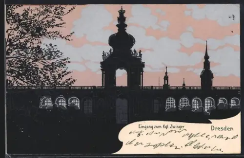 AK Dresden, Eingang zum Kgl. Zwinger im Dämmerlicht