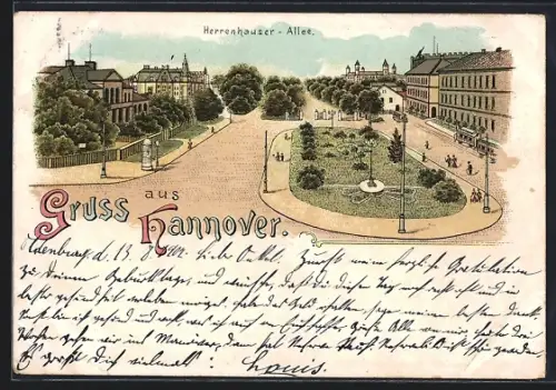 Lithographie Hannover, Herrenhauser-Allee aus der Vogelschau