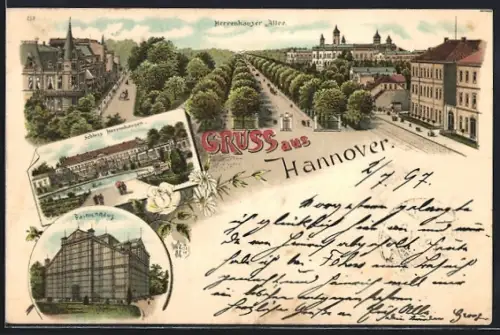 Lithographie Hannover, Herrenhäuser Allee, Palmenhaus und Schloss Herrenhausen
