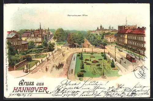 Lithographie Hannover, Herrenhauser Allee aus der Vogelschau