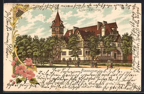Lithographie Hannover, Lister-Turm, Gasthaus, Biergarten