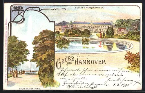 Lithographie Hannover-Herrenhausen, Schloss Herrenhausen und Grosse Fontaine
